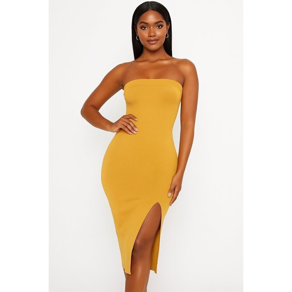 Windsor Mustard Strapless Bodycon Dress with Slit Sz Small